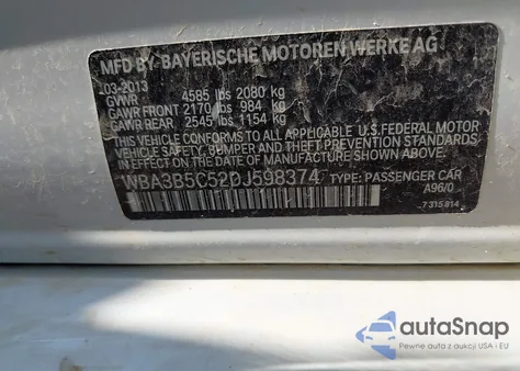 2013 BMW 328I xDrive из США, поврежденный, VIN WBA3B5C52DJ598374